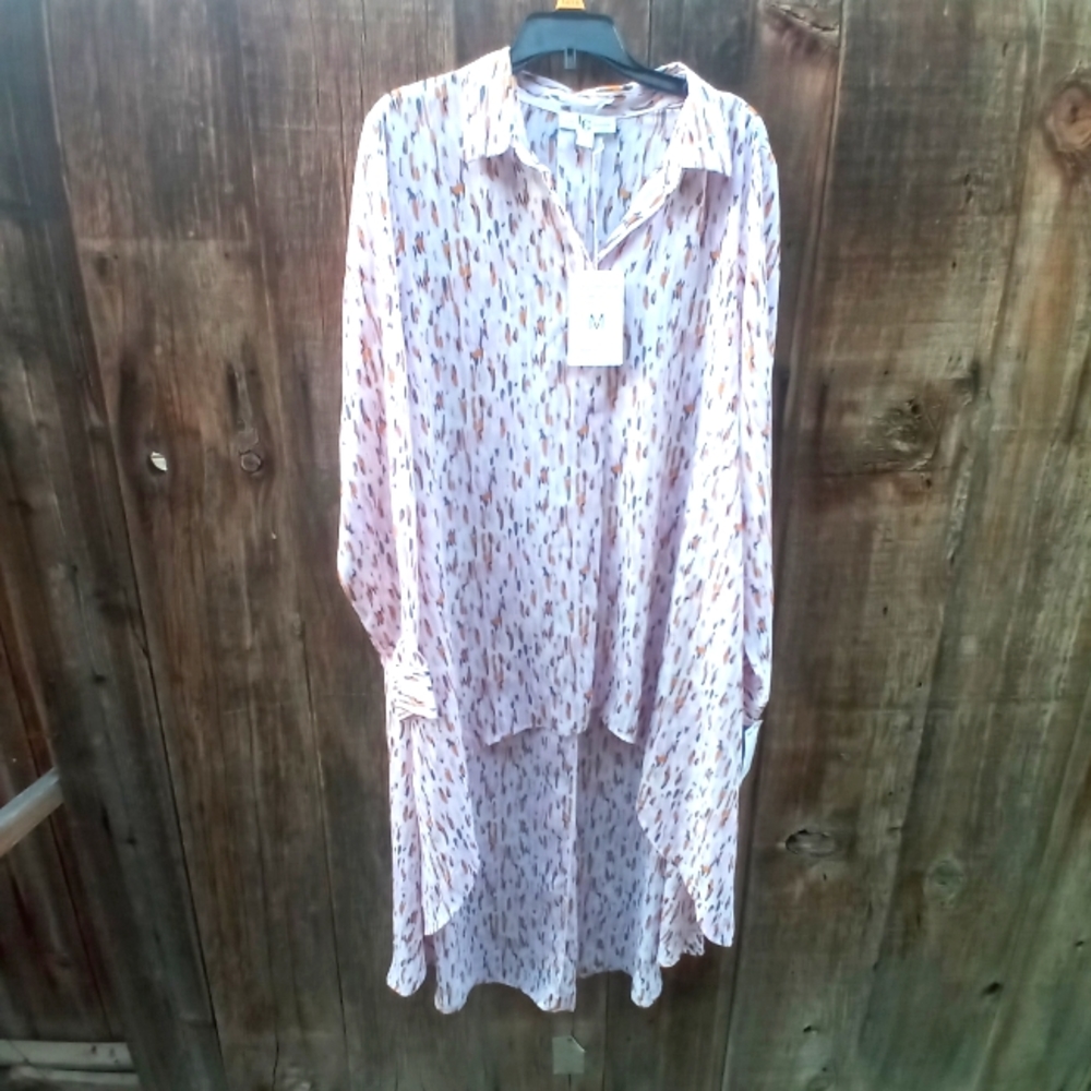 Lena Gabrielle Asymmetric Brushed Watercolor Tunic Blouse M Collared Button new